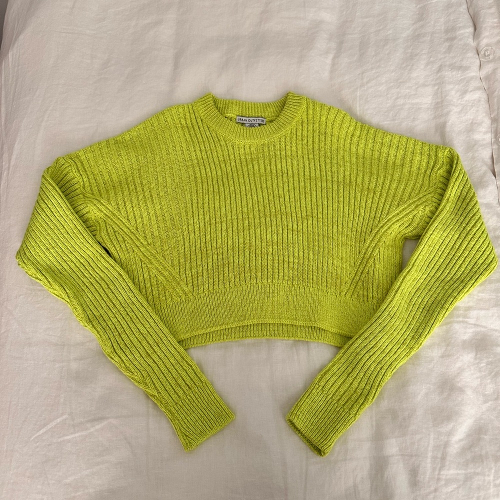 Lime Green Cropped Ribbed Knit Sweater